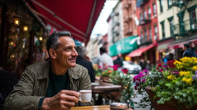 A man takes a moment to enjoy coffee at an outdoor cafe in the city.