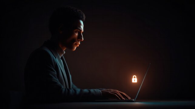 Cybersecurity awareness home office digital art dark setting side view privacy protection