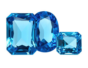 Three vibrant, faceted blue gemstones of varying shapes on a stark black backdrop