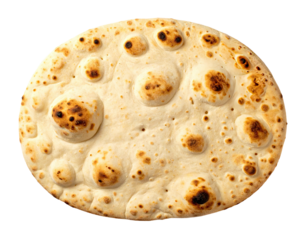 A cooked, flatbread with browned spots and bubbly texture, against a black backdrop