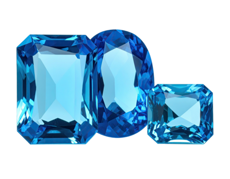 Three vibrant, faceted blue gemstones of varying shapes on a stark black backdrop