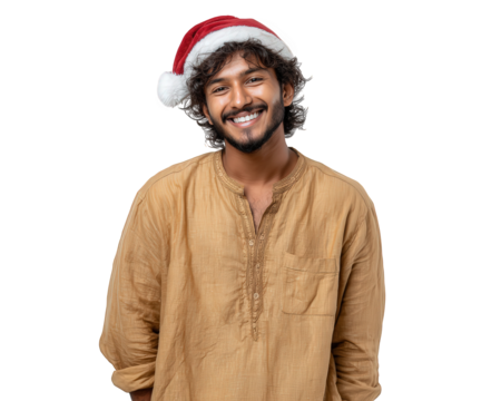 Happy Indian man with beard smiling in Santa hat for Christmas holiday portrait. Cheerful young adult celebrating festive season with joyful expression