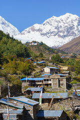 Mountain Village Nestled Beneath Snowy