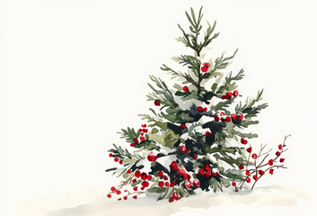 Watercolor Christmas Tree with Ornaments and Accents in Soft Winter Scene, space for text, christmas card