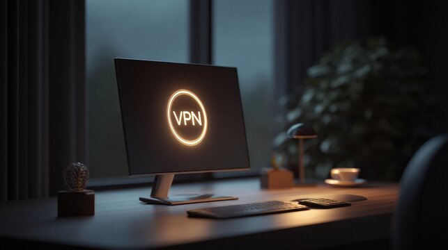 Vpn usage in home office setup digital workspace technology modern environment evening view cybersecurity awareness