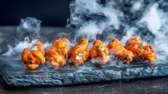 Delicious hot and spicy chicken wings on a stone plate with smoke effect
