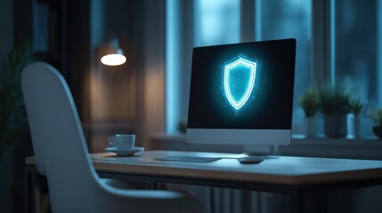 Cybersecurity measures home office digital illustration modern workspace close-up protecting data