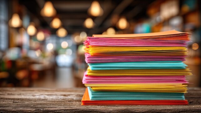 Tall stack of multicolored paper sheets in blurred office background