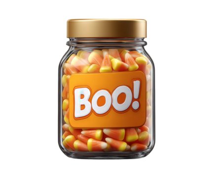 Playful jar of sweet candy corn with spooky halloween Boo label. This festive treat clipart isolated on transparency background perfect for an october party