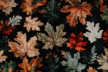 Autumn leaves, various colors, dark background