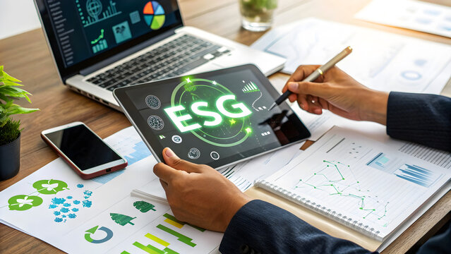 Businessman using tablet for esg analysis, reviewing environmental, social, and governance data with laptop, smartphone, and financial documents on the desk