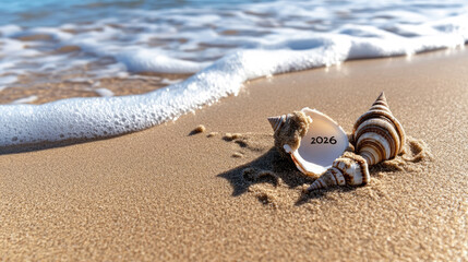 Numeric arrangement of seashells spelling 2026 on sandy shoreline, ocean waves washing background, tropical coastal new year celebration concept