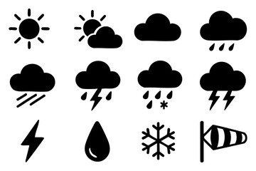 Weather and climate silhouette icon set – sun, cloud, rain, storm symbols