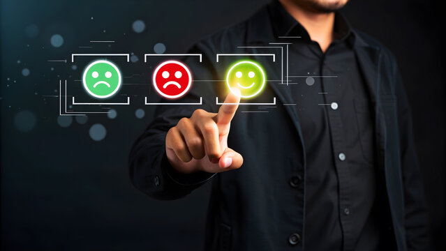 A man is using his finger to select a smiley face on a virtual interface to provide feedback and rate his customer experience online today