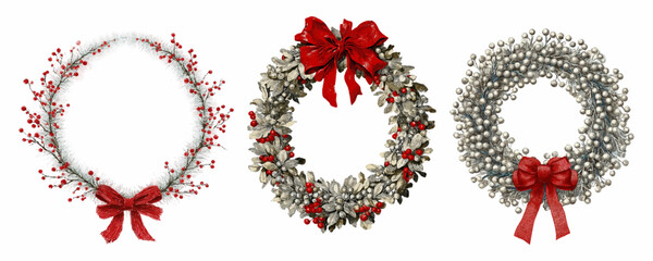 Watercolor set of vintage Christmas wreaths. Retro Christmas door decorations. Frames for vintage New Year designs decorated with red bow. Vector illustration