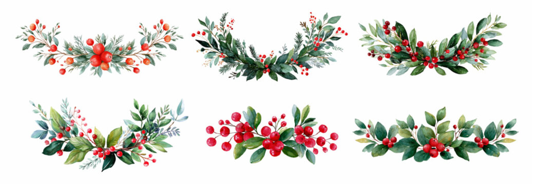 Watercolor set of Christmas green frames and garlands. Hand painted watercolor garland of holly branches and berries. Christmas decorations for cards, banners, etc. - Powered by Adobe