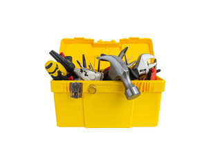 Yellow plastic bucket with construction tools on white background