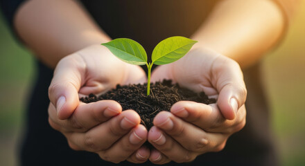 Hands gently holding rich soil with a young green seedling, symbolizing growth, nurturing, sustainability, and environmental care