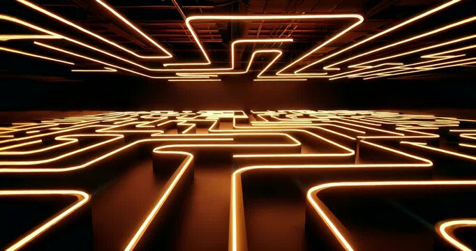 Futuristic maze of glowing neon lines in a dark urban setting