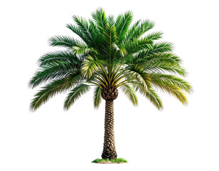 Lush, isolated date palm tree with a textured trunk and vibrant green fronds