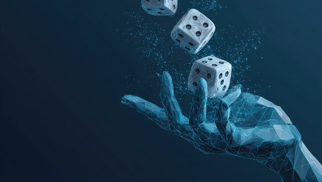 Digitally rendered image of a polygonal hand tossing three dice with a dark blue, abstract background
