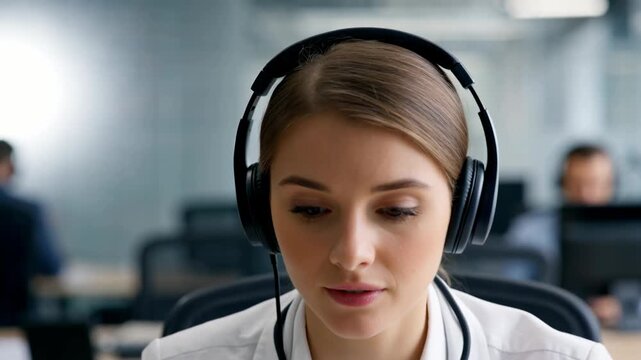 Close-up of a woman wearing headphones in a call center
