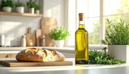 Transparent olive oil bottle and freshly baked artisan bread, beautifully bathed in natural sunlight within a clean, modern kitchen setting, highlighting wholesome culinary joy