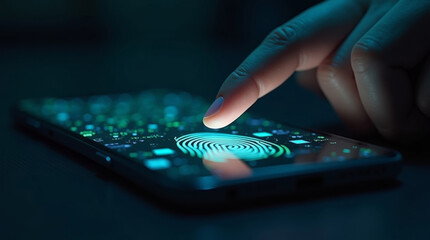 Close up of human finger scanning fingerprint on smartphone screen, symbolizing biometric authentication, privacy, and secure digital access