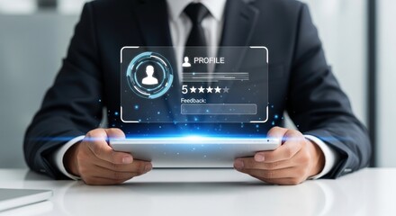 businessman using tablet on desk. Futuristic holographic profile card, -star review rating, and feedback interface floating above, symbolizing online reputation management.
