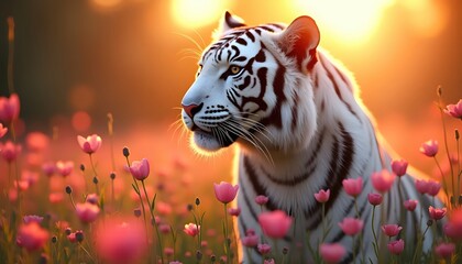 Futuristic Hybrid Tiger Surrounded By Crimson Blossoms At Twilight