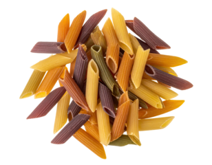Pile of colorful, uncooked penne pasta arranged on a plain black background