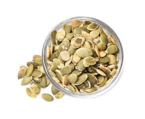 Pumpkin seeds in bowl isolated on white, top view