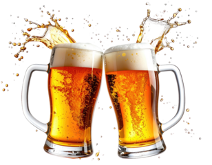 Two beer mugs clinking, overflowing with foamy ale, against a black backdrop