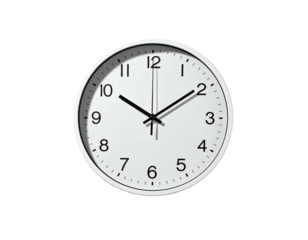 White analog clock showing time against a black background, shadows present
