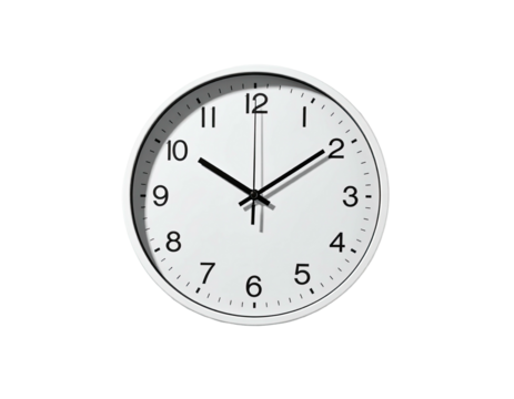 White analog clock showing time against a black background, shadows present