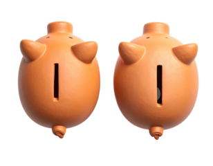 Two identical ceramic piggy banks side-by-side, rear view, with slots and tails