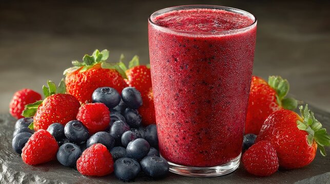 Glass of berry smoothie with strawberries blueberries raspberries
