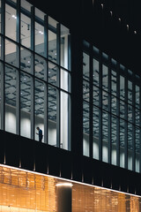 Worker staying late in modern office at night, Businessman or employee working overtime in illuminated urban building