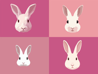 Fototapeta premium Four adorable rabbit faces are arranged in a grid, featuring pastel pink backgrounds. Each rabbit has a distinct expression, showcasing their charm.