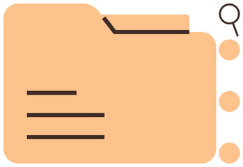 File folder icon featuring pages and magnifying glass. Ideal for data search, archiving, documentation, information management, office workflow, organization, digital storage. Simple flat metaphor
