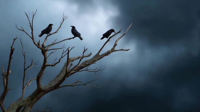 Three crows perch on a barren tree branch against an ominous sky, invoking a sense of mystery and foreboding, symbolizing an impending storm in nature's ever-changing panorama.