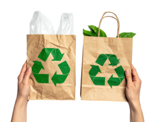 Two hands hold contrasting bags, one plastic-filled, one eco-friendly