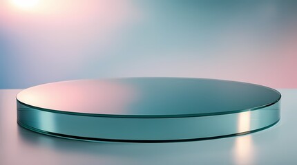 Circular podium with iridescent backdrop for product display