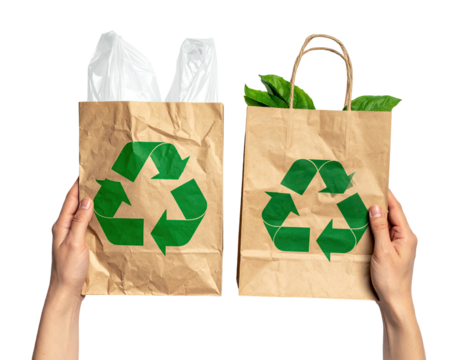Two hands hold contrasting bags, one plastic-filled, one eco-friendly