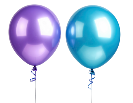 Two glossy balloons purple and blue, with curled ribbons, against a black backdrop