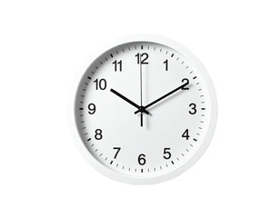 A white circular clock with black hands and numbers against a black background