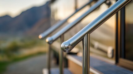 Close medium shot of ergonomic handrails mounted along the RV steps emphasizing polished metal finish with softly blurred outdoor scenery behind.