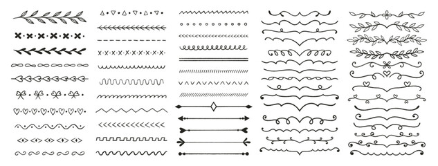Flourish, dividers, crayon set. Black pencil drawings. Doodle chalk decorative marks, lines, underline, strikethrough, arrows, twigs with leaves. Hand drawn symbols. Vector illustration on white bg