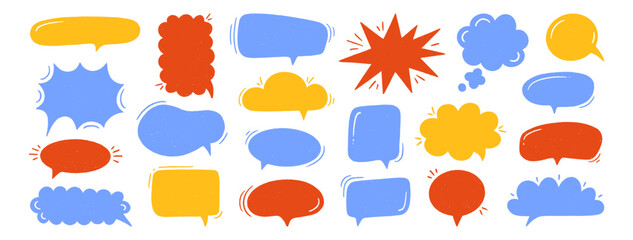 Crayon speech bubbles set. Chat talk boxes. Chalk colorful frames. Kid doodle style. Dialogue balloon silhouette cloud. Pencil drawing, thought elements, white background. Vector illustration