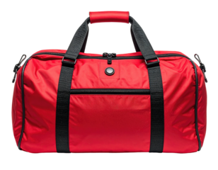 Bright red duffel bag with black straps and zipper detail, centered on black
